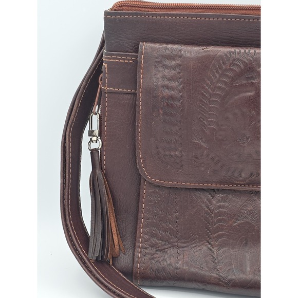American West Brown Tooled Leather Concealed Carry Purse Made In Paraguay - Picture 3 of 16